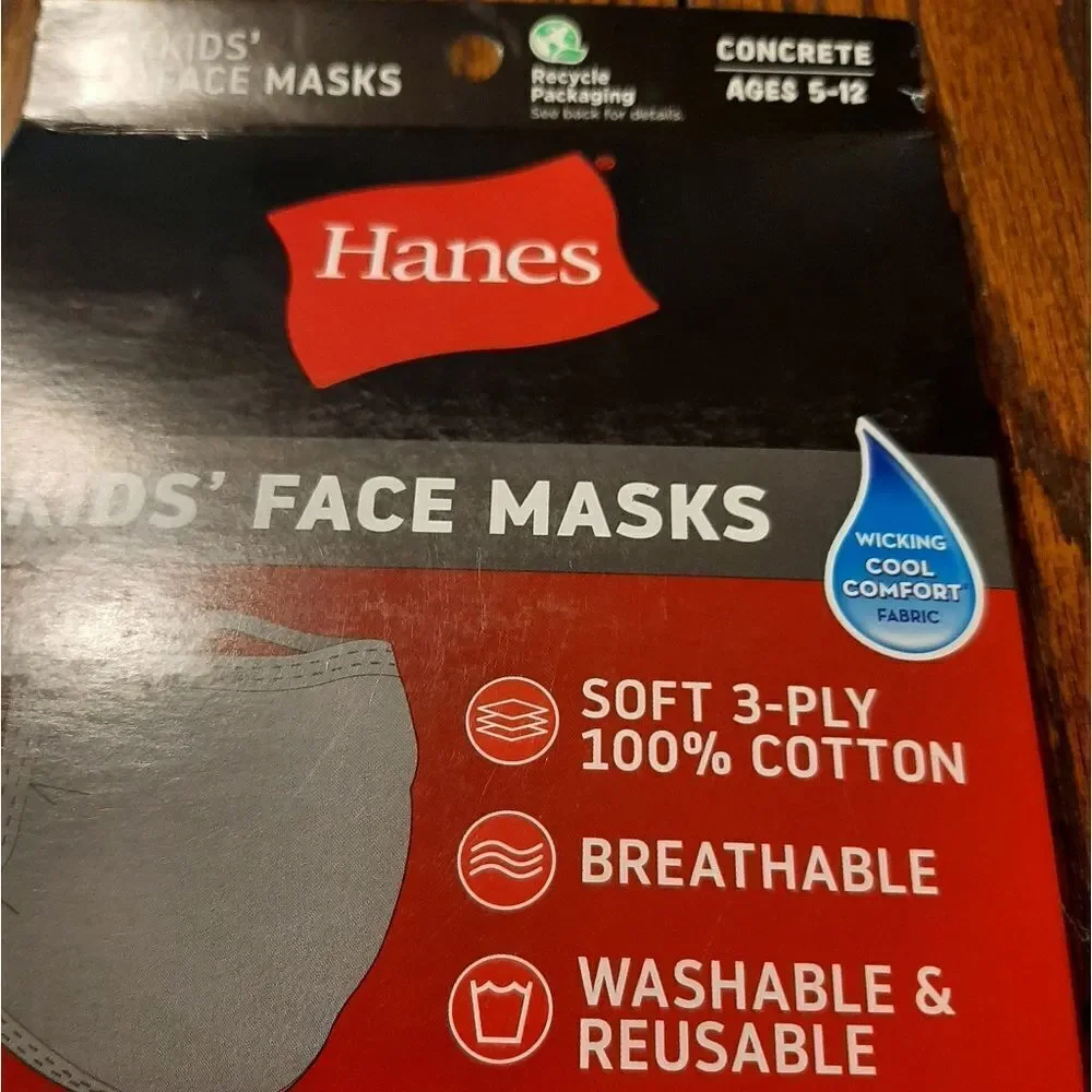 New TEN Grey Kids Youth 5-12 Hanes Cooling Wicking Breathable Facemasks
